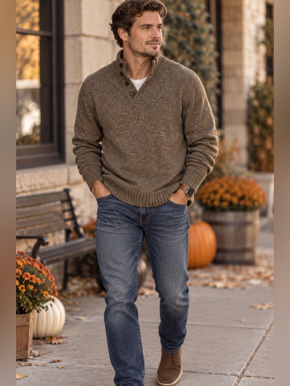 GAP Men’s XL Taupe Button Mock Neck Pullover Sweater Fall Classic
